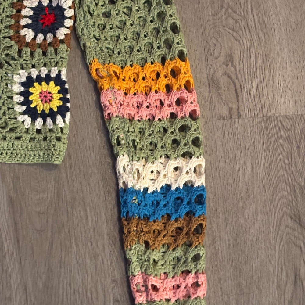 Olive Green Crocheted Patchwork Button-Front Card… - image 3